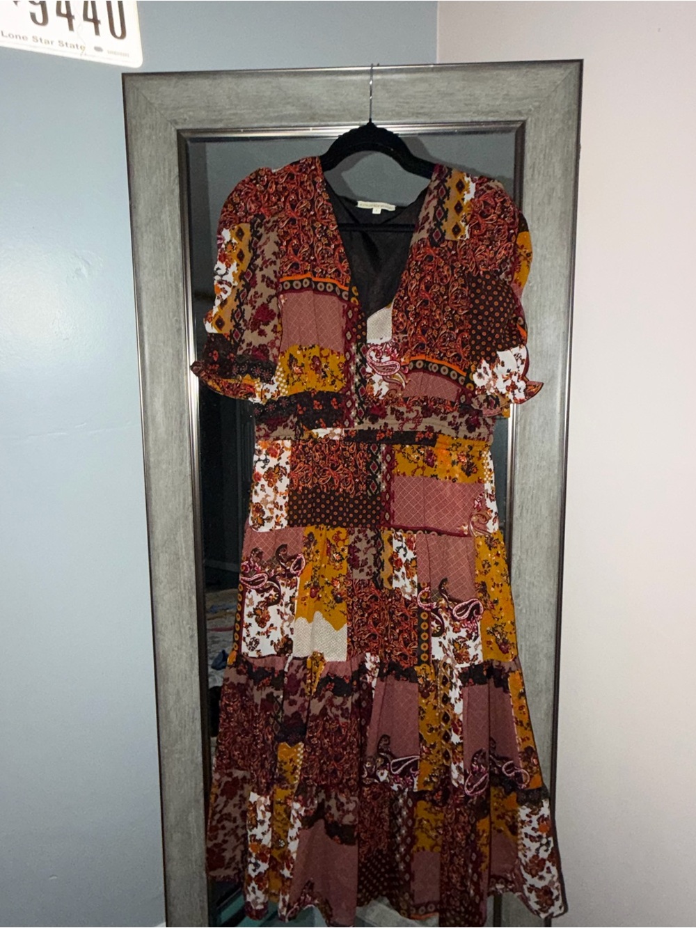 Patchwork Boho Midi Dress in Mustard and Rust